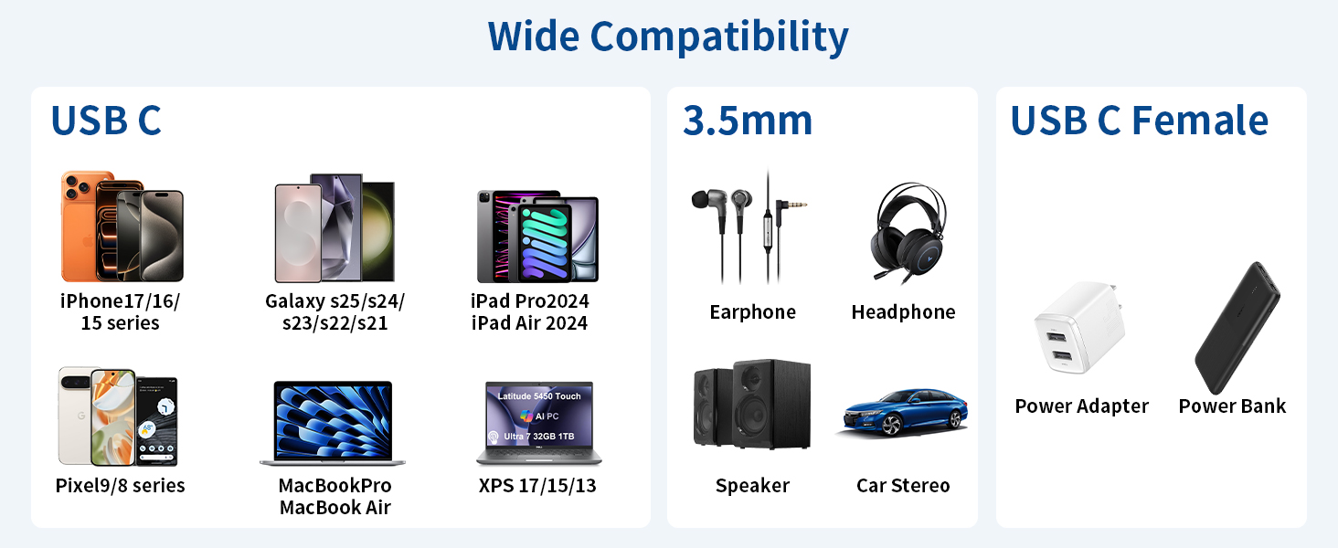 USB C to 3.5mm Headphone and Charger Adapter, 2-in-1 Type C to Aux Jack Cable with PD 60W Fast Charging for iPhone15 16 17 Pro Max, Samsung Galaxy S22 S23 S24 S25 Ultra, Note 20, iPad Air4, Pixel 8 9