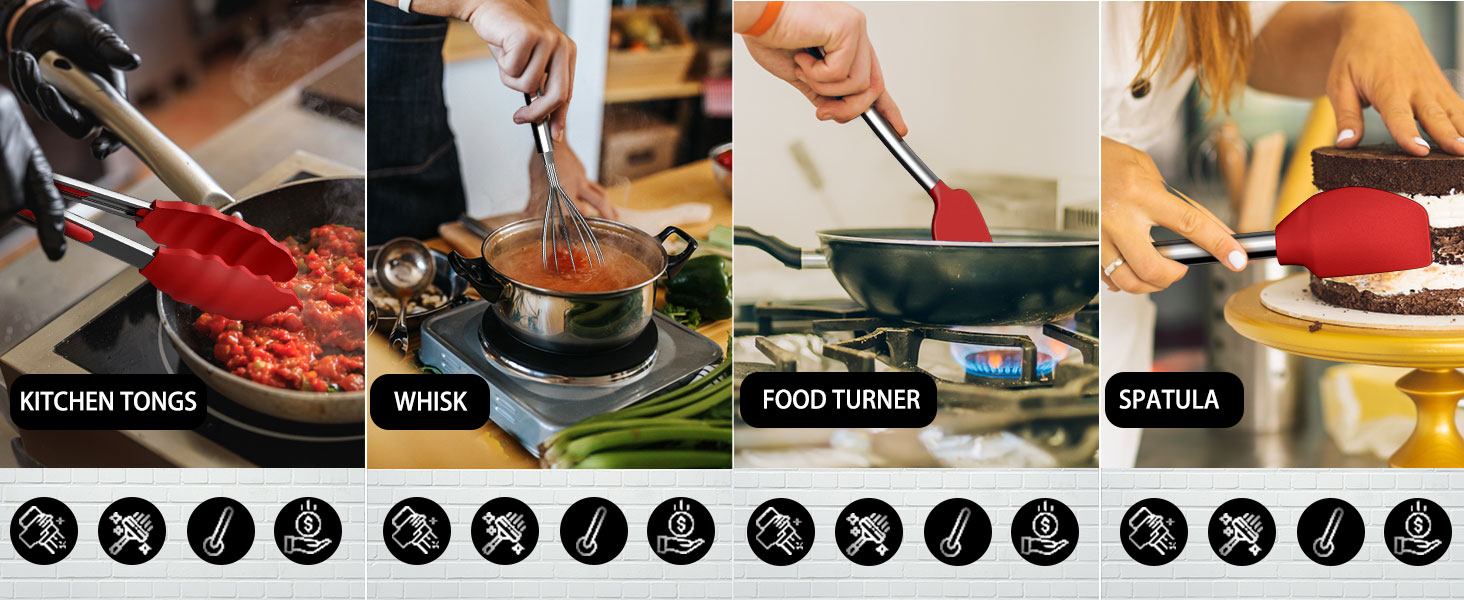 Kitchen Utensils Set- Umite Chef 34 PCs Cooking Utensils with Grater, Spoon Spatula, Heat Resistant Food Grade Silicone, Stainless Steel Handles Kitchen Gadgets Tools Set for Nonstick Cookware(Red)