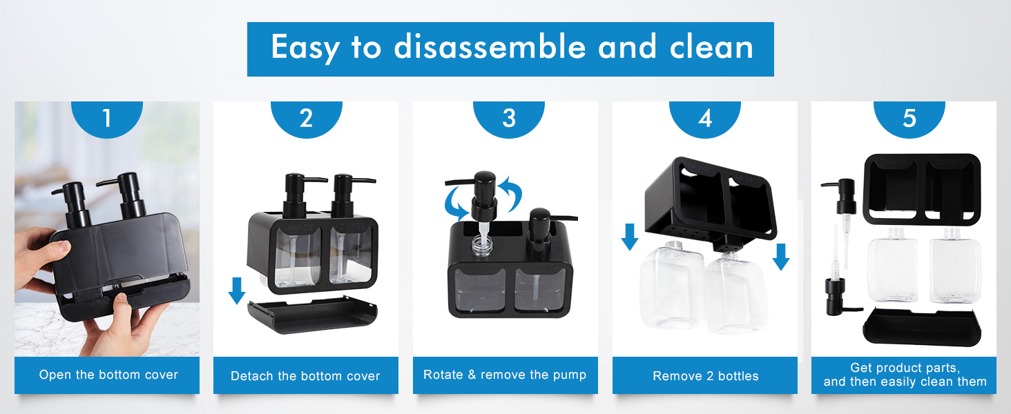 Kitchen Soap Dispenser Set, with Hand and Dish Soap, Sponge Caddy and Brush Holder 4-in-1 Kitchen Dual Soap Dispenser Set for Kitchen Sink, Bathroom - Black