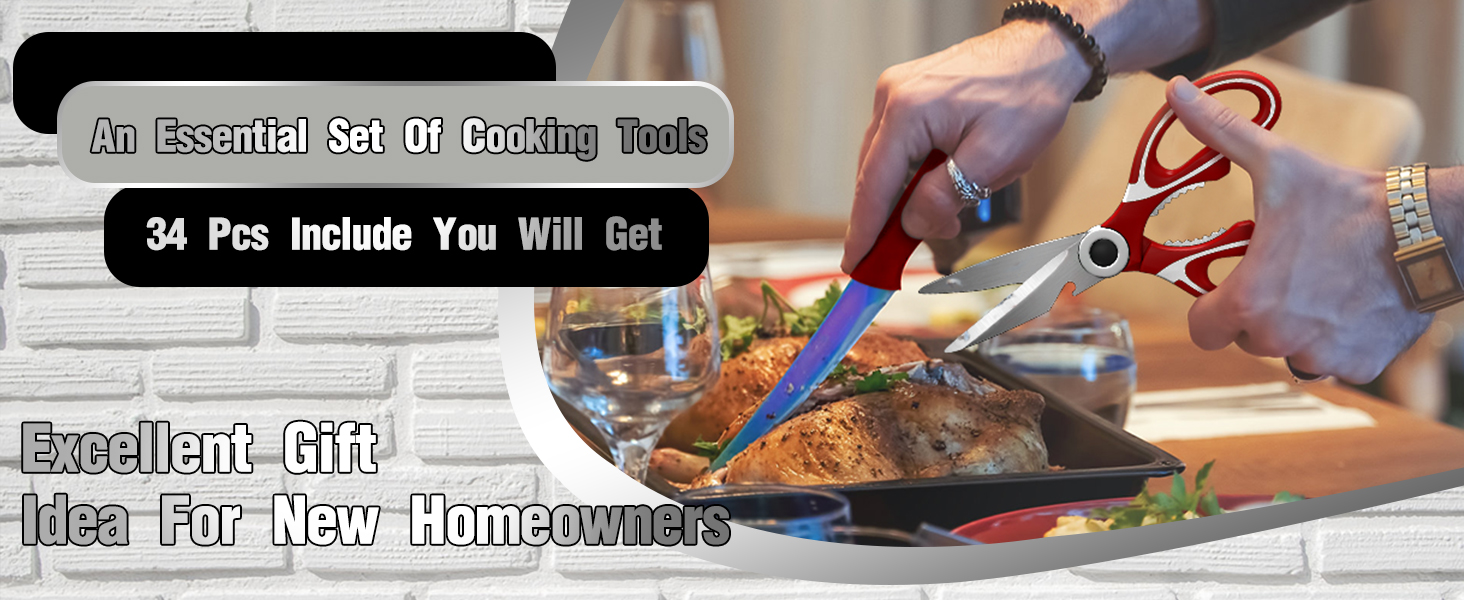 Kitchen Utensils Set- Umite Chef 34 PCs Cooking Utensils with Grater, Spoon Spatula, Heat Resistant Food Grade Silicone, Stainless Steel Handles Kitchen Gadgets Tools Set for Nonstick Cookware(Red)