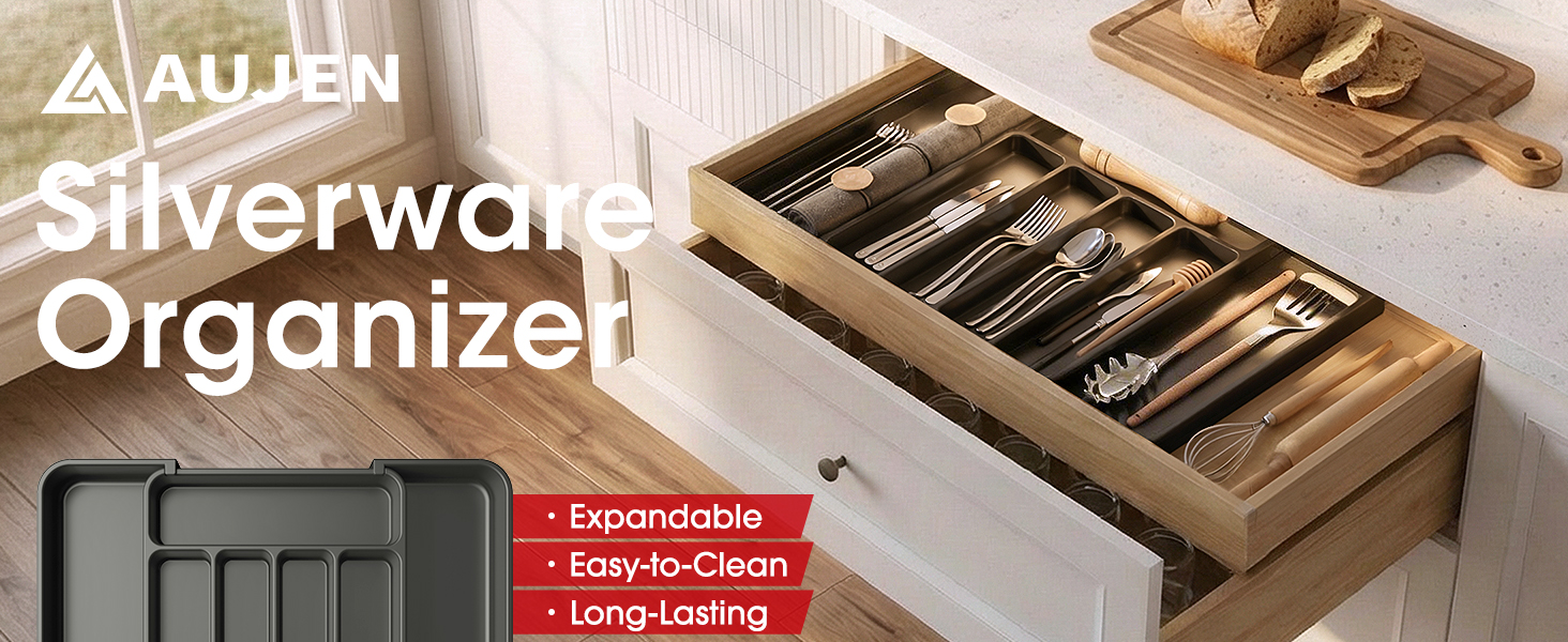 Aujen Silverware Organizer - Expandable Kitchen Drawer Organizer, Adjustable Utensil Organizer, Cutlery Tray for Forks, Knives, Multipurpose Kitchen Organizers and Storage Solution, Black, Medium