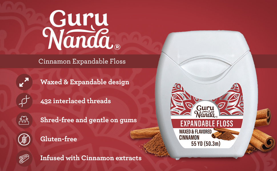 GuruNanda Expandable Waxed Dental Floss for Gentle, Deep Cleaning Wide Teeth Flossing - Cinnamon Flavor - 55 Yards