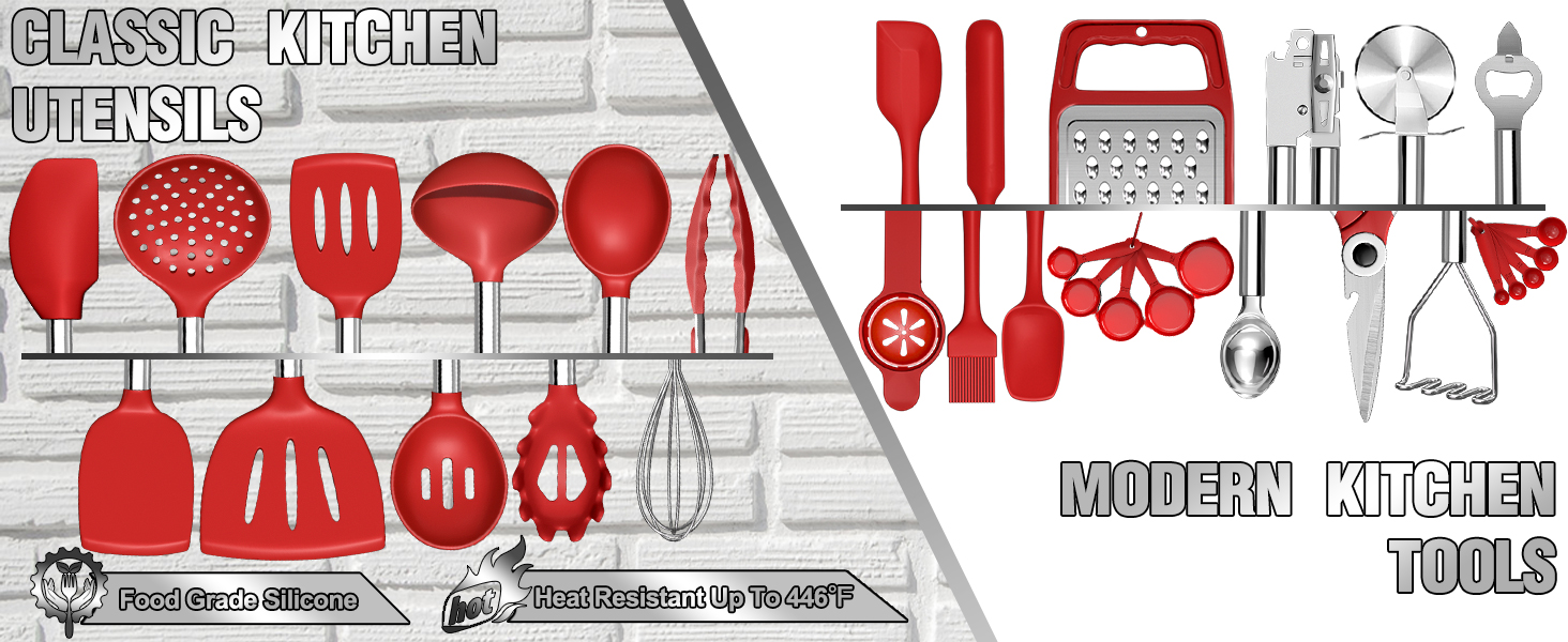 Kitchen Utensils Set- Umite Chef 34 PCs Cooking Utensils with Grater, Spoon Spatula, Heat Resistant Food Grade Silicone, Stainless Steel Handles Kitchen Gadgets Tools Set for Nonstick Cookware(Red)