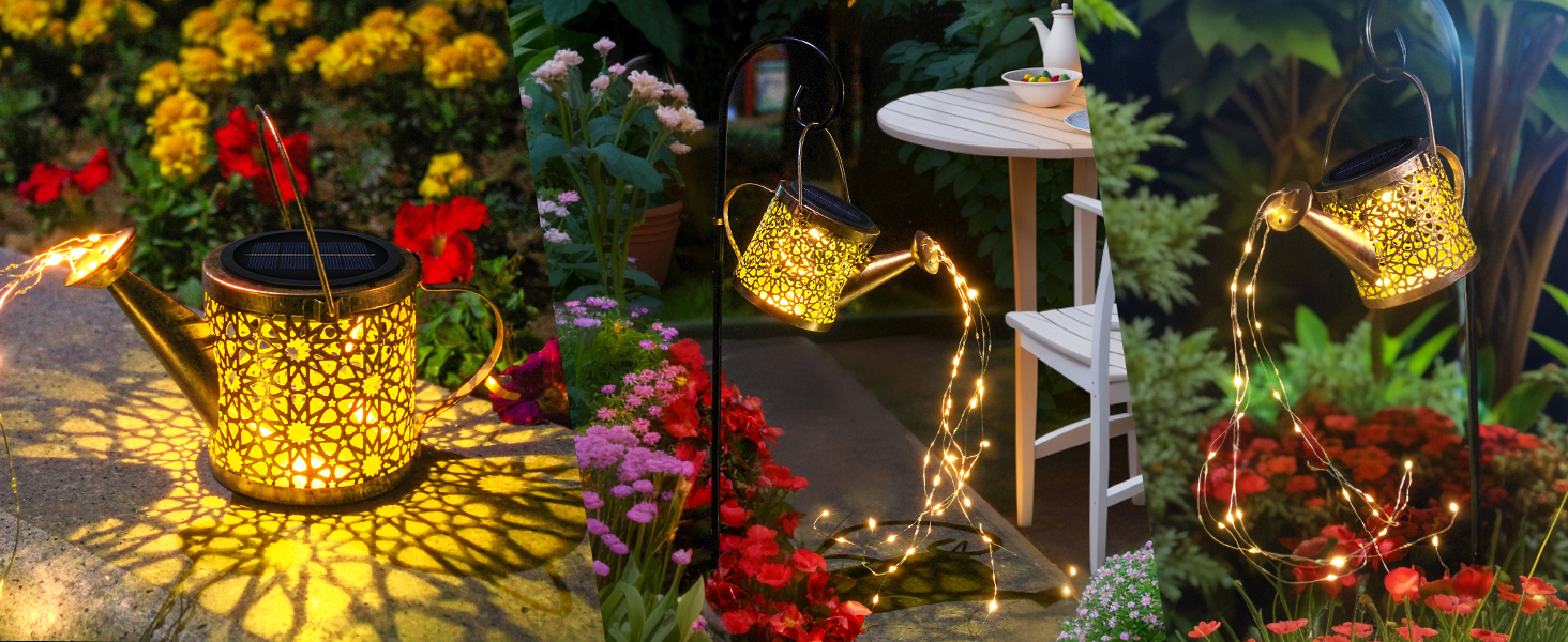 Solar Lights Outdoor Decorative, Metal Watering Can Lights Waterproof, Small Hanging Garden Decor Yard Outside Patio Lawn, Gifts for Mom Grandma Women Birthday(Warm White)