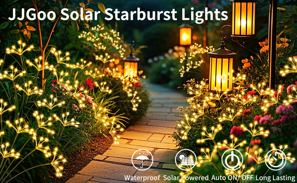 JJGoo Solar Garden Lights, New Upgraded 2 Pack Solar Swaying Starburst Light, Waterproof Fireworks Outdoor Lights, Yard Patio Pathway Decoration, Warm White