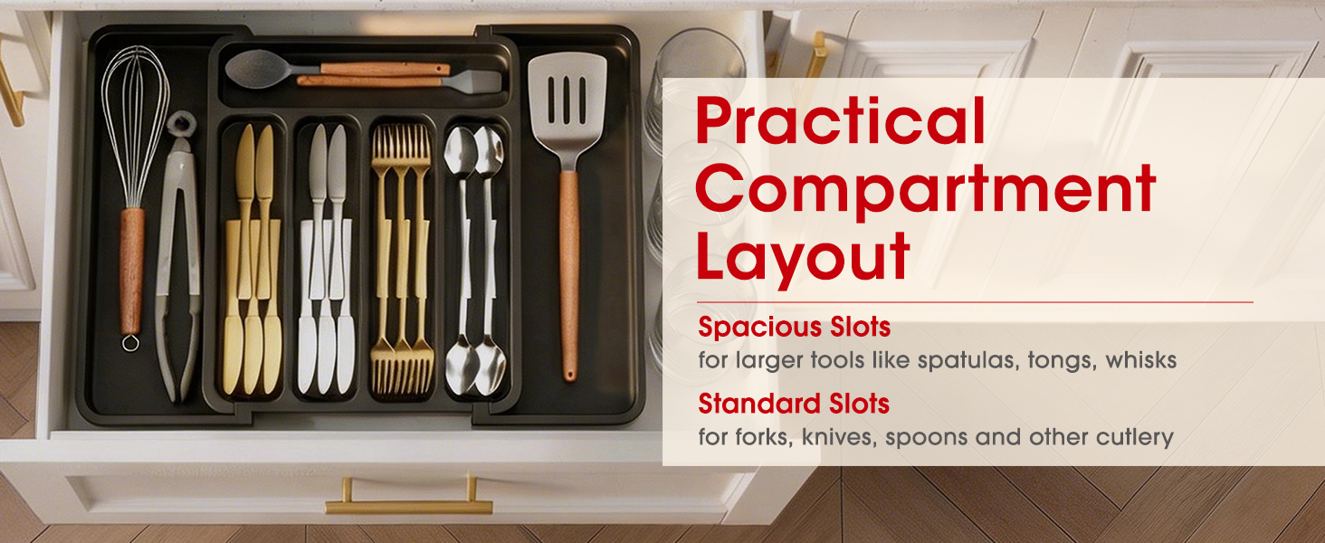 Aujen Silverware Organizer - Expandable Kitchen Drawer Organizer, Adjustable Utensil Organizer, Cutlery Tray for Forks, Knives, Multipurpose Kitchen Organizers and Storage Solution, Black, Medium