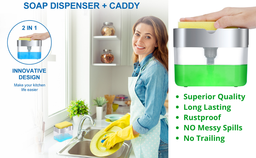 New 2026 Version Soap Dispenser with Added Features - Premium Quality Dish Soap Dispenser - Countertop Kitchen Soap Dispenser, Sink Dish Washing 13 Ounces (Sponge Included)