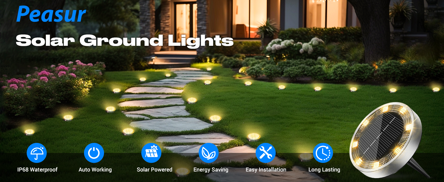 Peasur Solar Ground Lights Outdoor, 2 Pack Flat Solar Powered Disc Lights, IP68 Waterproof, Anti-Rust, Landscape Lighting for Pathway Garden Yard Lawn Walkway Landscape Driveway, Mini, Warm White