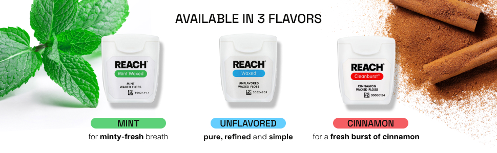REACH Waxed Dental Floss, Mint, Plaque Remover for Teeth, Shred Resistant, Floss Slides Smoothly, Easy to Use, Waxed, Deep Cleaning Teeth, Oral Care, PFAS Free, for Adults & Kids, 1 Pack, 55 yd