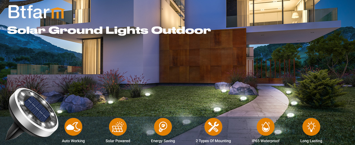 btfarm 2 Pack Solar Lights Outdoor, 8 LED Solar Ground Lights IP65 Waterproof Flat Solar Disc Light, Pathway Lights for Garden Lawn Patio Yard Path Landscape, Cool White