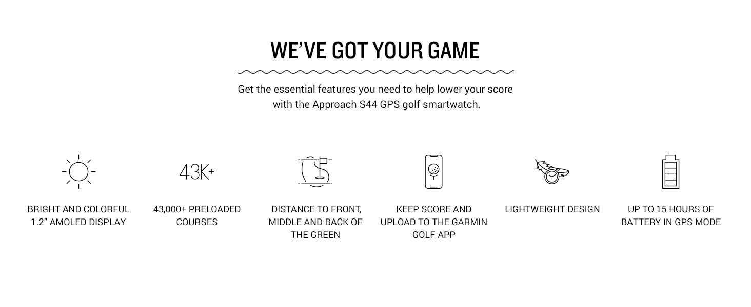 Garmin Approach® S44, Essential Golf GPS Smartwatch, AMOLED Display, On-Course Features, Silver Aluminum Bezel with Black Silicone Band