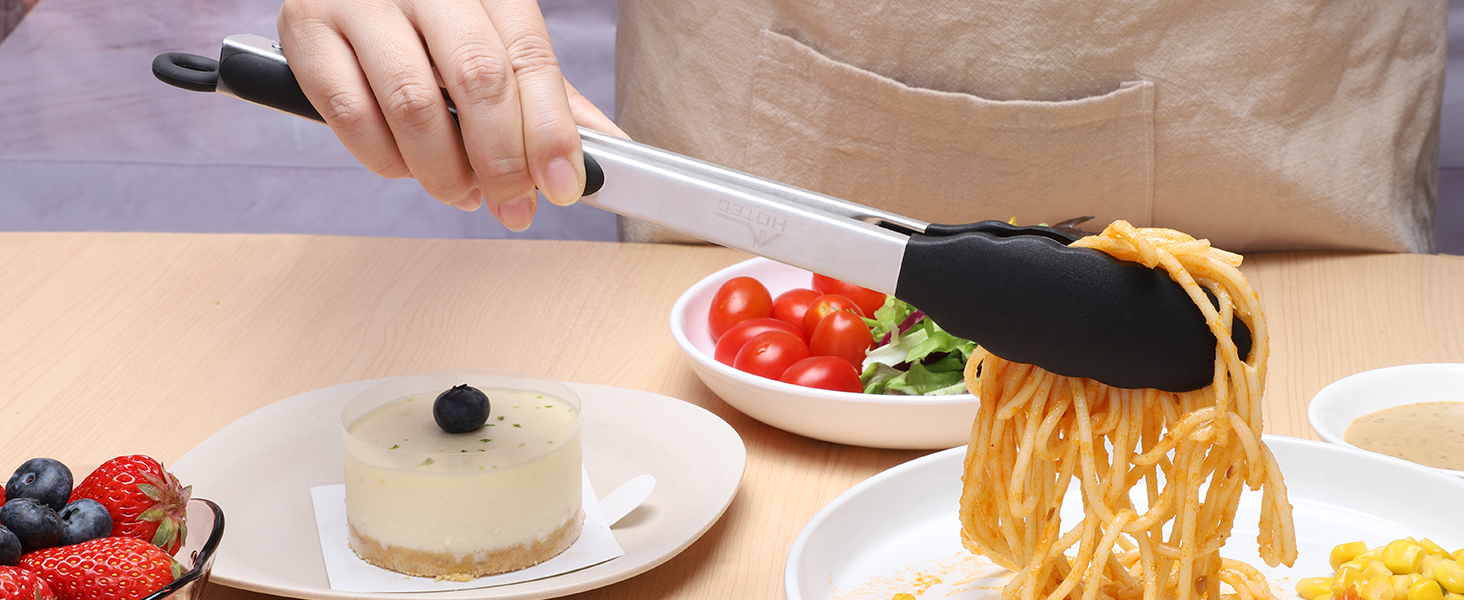 HOTEC Premium Stainless Steel Locking Kitchen Tongs with Silicon Tips, Set of 2-9" and 12"