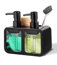 Kitchen Soap Dispenser Set, with Hand and Dish Soap, Sponge Caddy and Brush Holder 4-in-1 Kitchen Dual Soap Dispenser Set for Kitchen Sink, Bathroom - Black