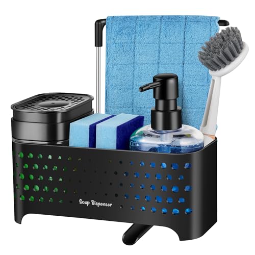 Kitchen Soap Dispenser Set, with Hand and Dish Soap, Sponge Caddy and Brush Holder 4-in-1 Kitchen Dual Soap Dispenser Set for Kitchen Sink, Bathroom - Black