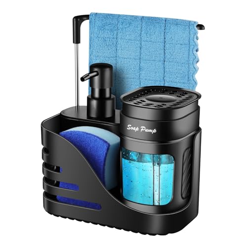 Kitchen Soap Dispenser Set, with Hand and Dish Soap, Sponge Caddy and Brush Holder 4-in-1 Kitchen Dual Soap Dispenser Set for Kitchen Sink, Bathroom - Black