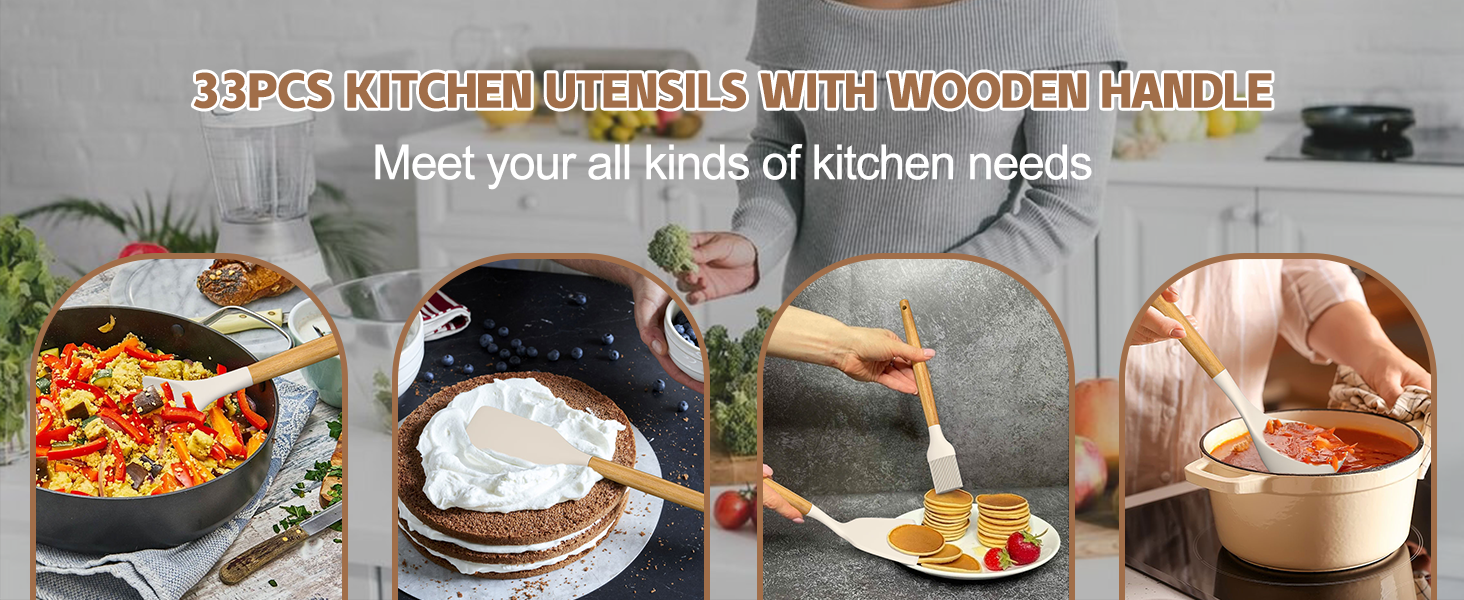Umite Chef Kitchen Cooking Utensils Set, 33 pcs Non-Stick Silicone Cooking Kitchen Utensils Spatula Set with Holder, Wooden Handle Silicone Kitchen Gadgets Utensil Set (Khaki)