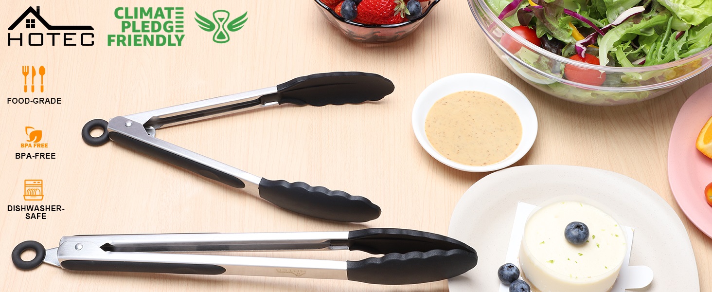 HOTEC Premium Stainless Steel Locking Kitchen Tongs with Silicon Tips, Set of 2-9" and 12"