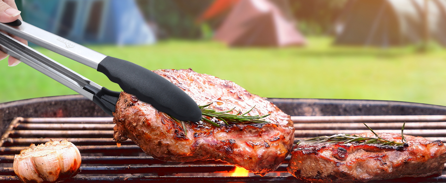 HOTEC Premium Stainless Steel Locking Kitchen Tongs with Silicon Tips, Set of 2-9" and 12"