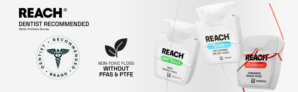 REACH Waxed Dental Floss, Mint, Plaque Remover for Teeth, Shred Resistant, Floss Slides Smoothly, Easy to Use, Waxed, Deep Cleaning Teeth, Oral Care, PFAS Free, for Adults & Kids, 1 Pack, 55 yd