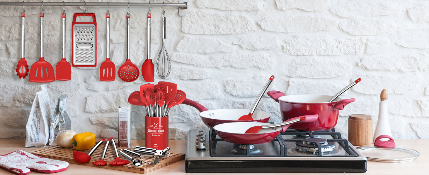 Kitchen Utensils Set- Umite Chef 34 PCs Cooking Utensils with Grater, Spoon Spatula, Heat Resistant Food Grade Silicone, Stainless Steel Handles Kitchen Gadgets Tools Set for Nonstick Cookware(Red)