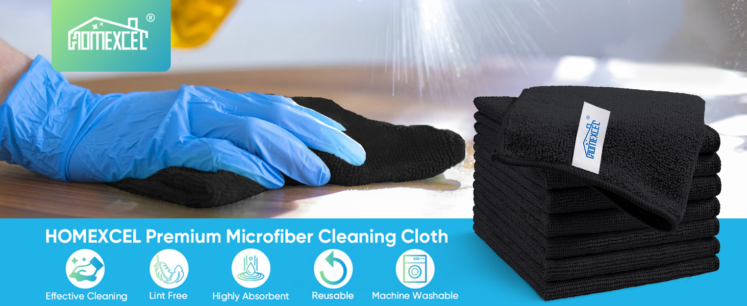 HOMEXCEL Black Microfiber Cleaning Cloth, 8 Pack Cleaning Towels for Kitchen, Lint Free, Scratch-Free, Highly Absorbent, and Reusable Cleaning Rags for House, Window and Glass, Cars, 11.5 X11.5 inch