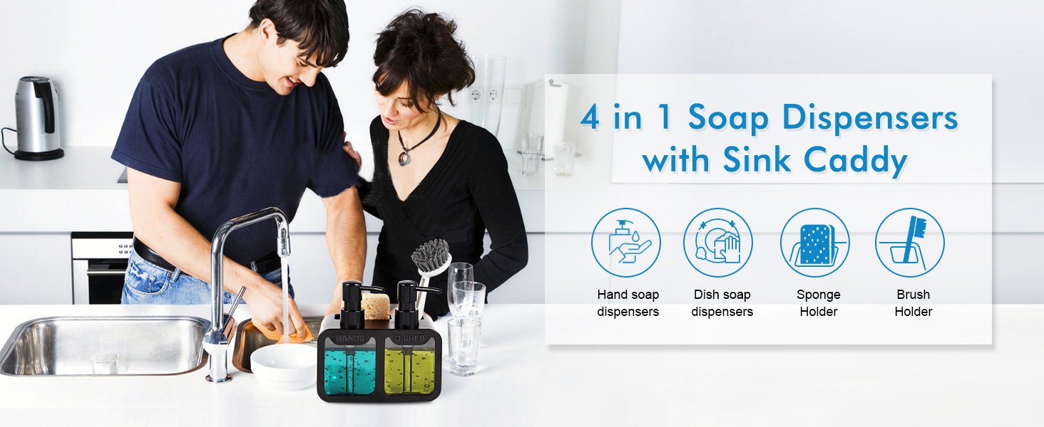 Kitchen Soap Dispenser Set, with Hand and Dish Soap, Sponge Caddy and Brush Holder 4-in-1 Kitchen Dual Soap Dispenser Set for Kitchen Sink, Bathroom - Black