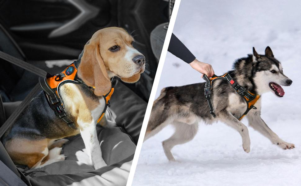 PHOEPET Reflective Dog Harness Large Breed Adjustable No Pull Vest with with Handle 2 Metal Rings 3 Buckles [Easy to Put on & Take Off](L, Orange)