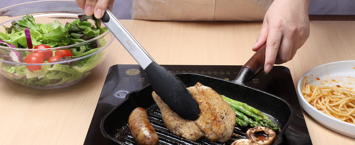 HOTEC Premium Stainless Steel Locking Kitchen Tongs with Silicon Tips, Set of 2-9" and 12"