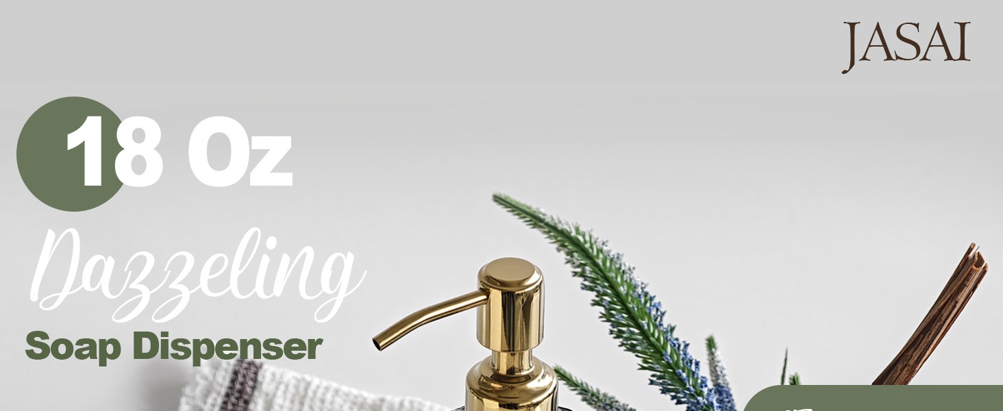 JASAI 18Oz Green Glass Soap Dispenser with Gold Rust Proof Pump, Refillable Kitchen soap Dispenser for Dish Soap, Soap Dispenser Bathroom for Hand soap, Lotion, Body Wash.