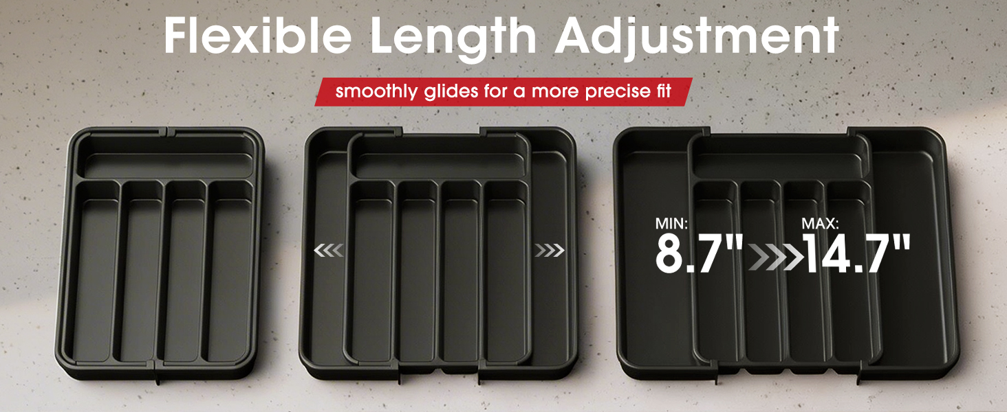 Aujen Silverware Organizer - Expandable Kitchen Drawer Organizer, Adjustable Utensil Organizer, Cutlery Tray for Forks, Knives, Multipurpose Kitchen Organizers and Storage Solution, Black, Medium