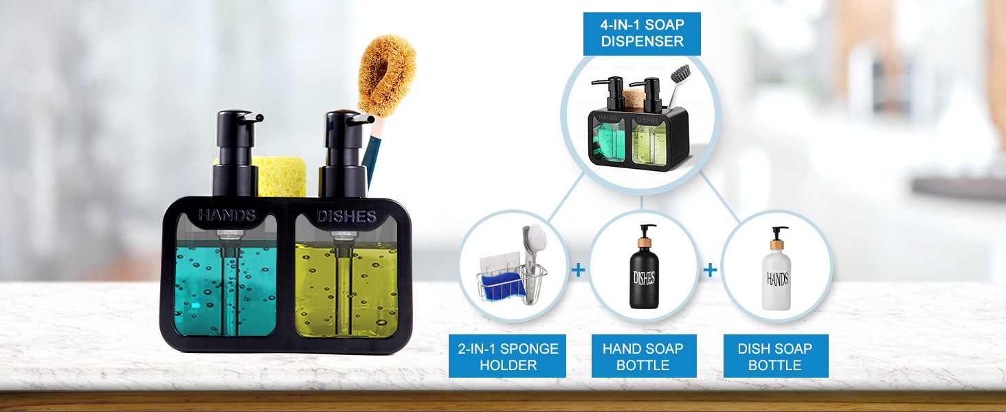 Kitchen Soap Dispenser Set, with Hand and Dish Soap, Sponge Caddy and Brush Holder 4-in-1 Kitchen Dual Soap Dispenser Set for Kitchen Sink, Bathroom - Black