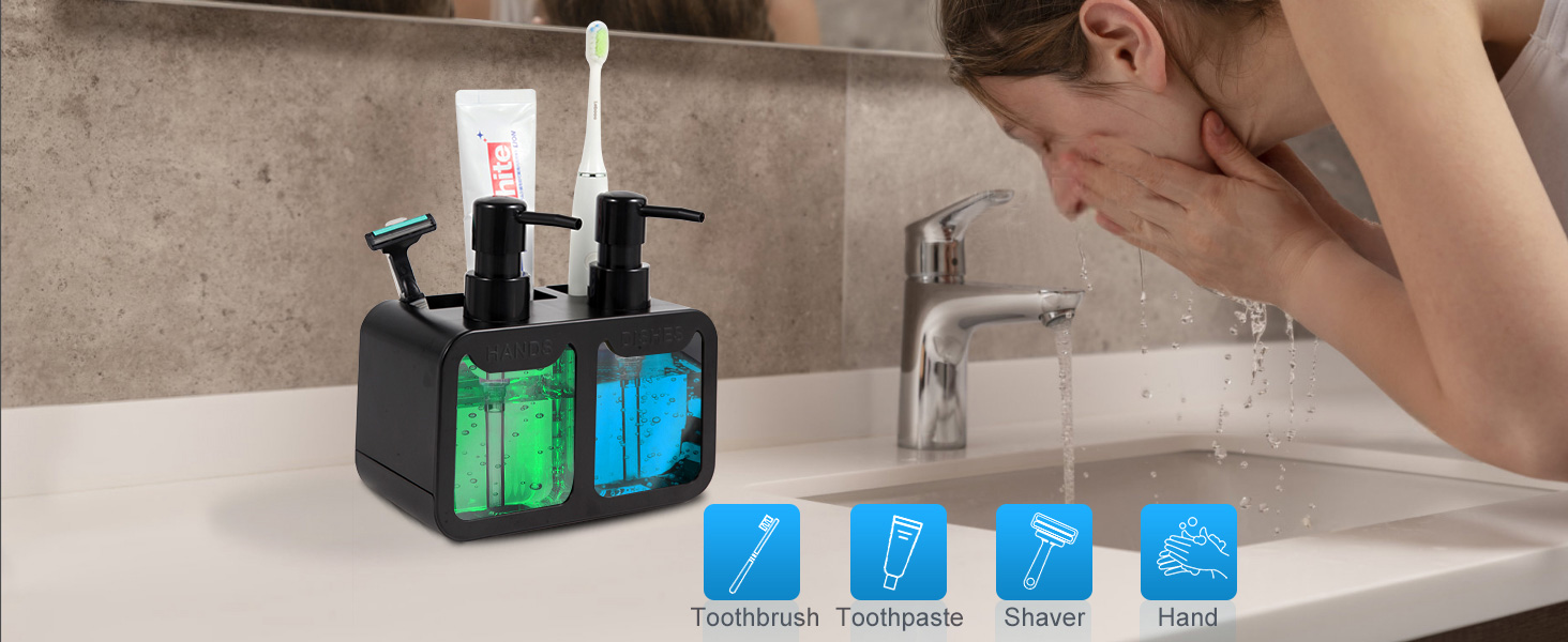 Kitchen Soap Dispenser Set, with Hand and Dish Soap, Sponge Caddy and Brush Holder 4-in-1 Kitchen Dual Soap Dispenser Set for Kitchen Sink, Bathroom - Black