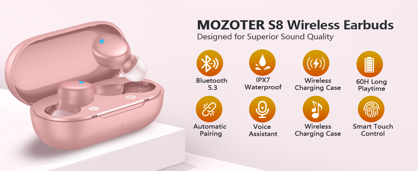 MOZOTER S8 Mini Wireless Earbuds Bluetooth 5.3 in Ear Light-Weight Headphones,60Hrs Playtime Ear Buds with Charging Case,Bluetooth Headsets,Premium Sound with Deep Bass for Sport-Pink