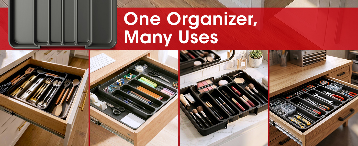 Aujen Silverware Organizer - Expandable Kitchen Drawer Organizer, Adjustable Utensil Organizer, Cutlery Tray for Forks, Knives, Multipurpose Kitchen Organizers and Storage Solution, Black, Medium