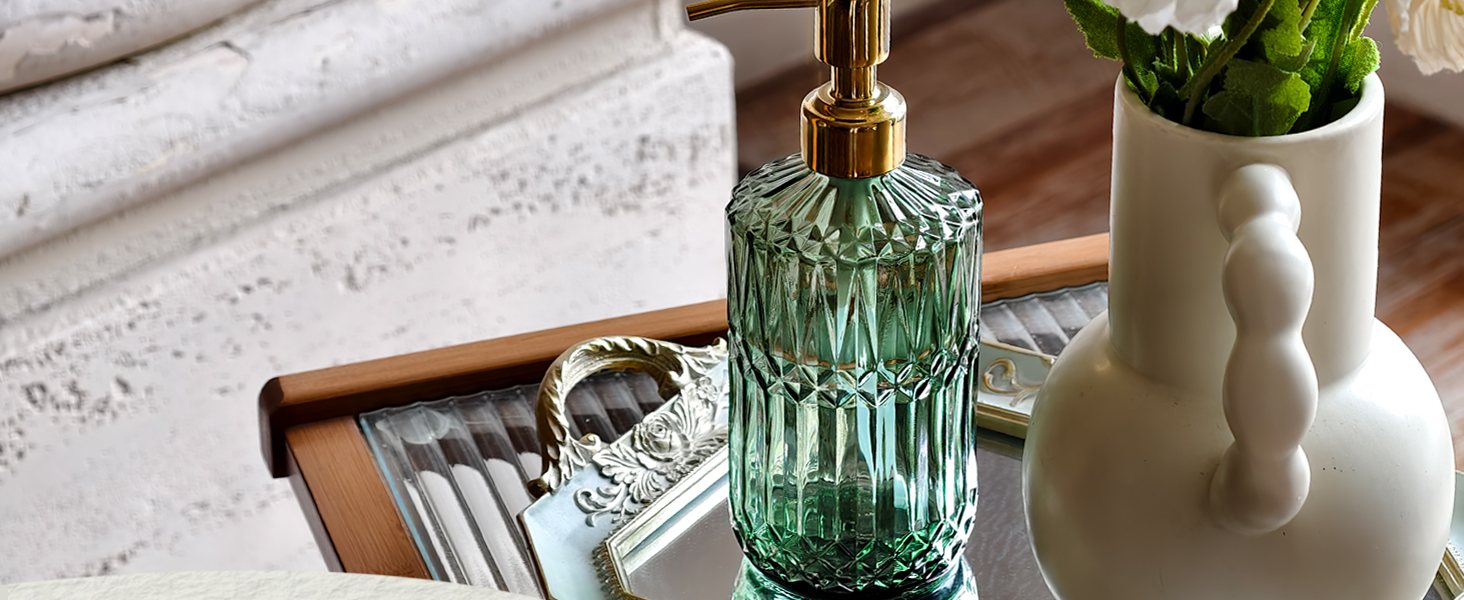 JASAI 18Oz Green Glass Soap Dispenser with Gold Rust Proof Pump, Refillable Kitchen soap Dispenser for Dish Soap, Soap Dispenser Bathroom for Hand soap, Lotion, Body Wash.