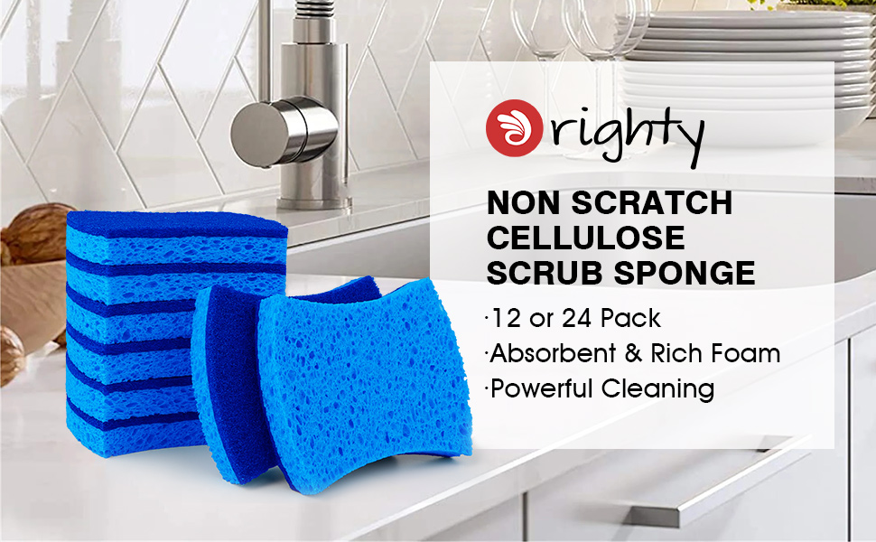 Orighty Non-Scratch Cellulose Scrub Sponges 24 Pack, Kitchen Sponges for Kitchen, Bathroom, and Household, Dual Side Sponge for Dishes, Non-Scratch Sponge Safe on Non-Stick Cookware, Car and More